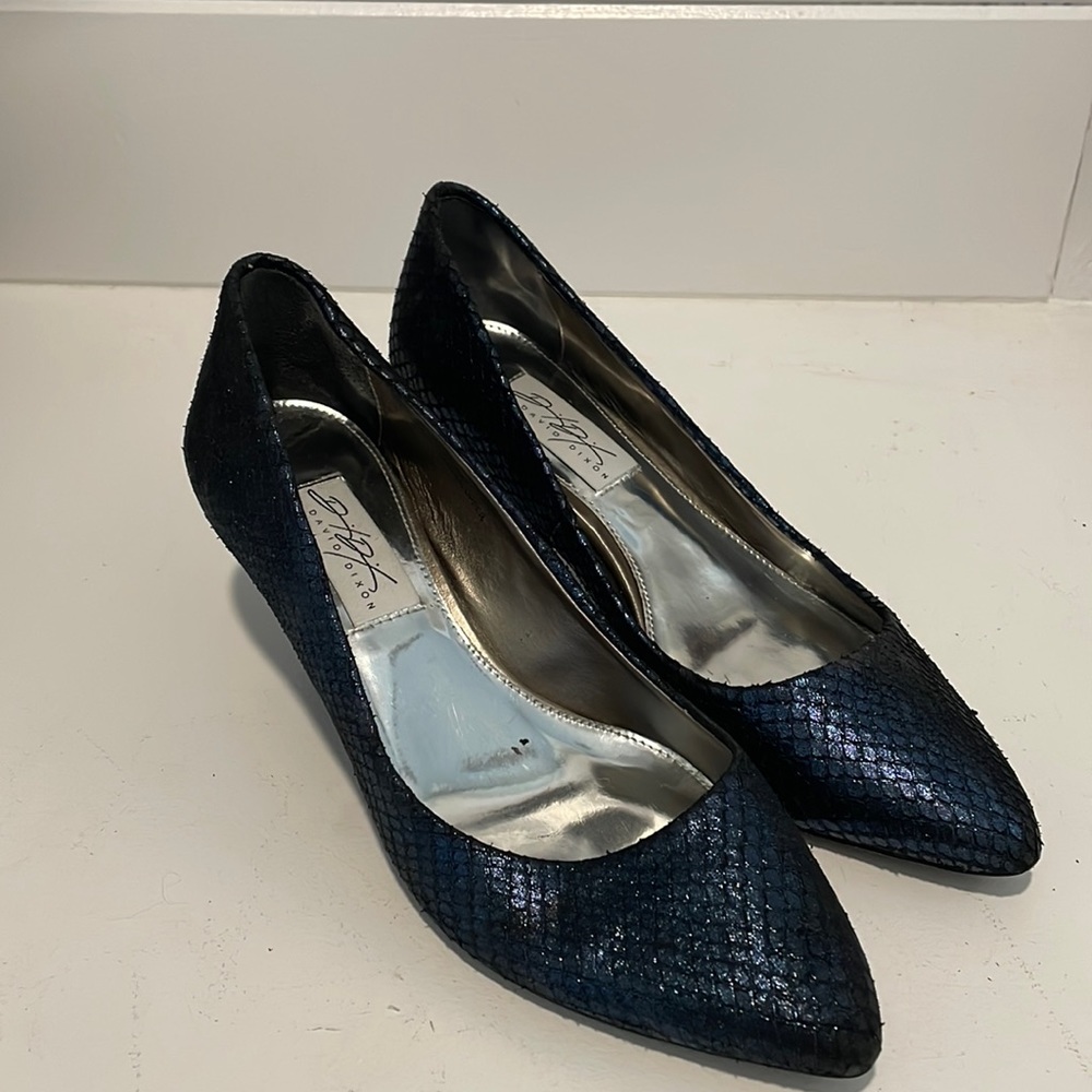 Shiny, navy short heeled shoes by David Dickson. Size 6.5